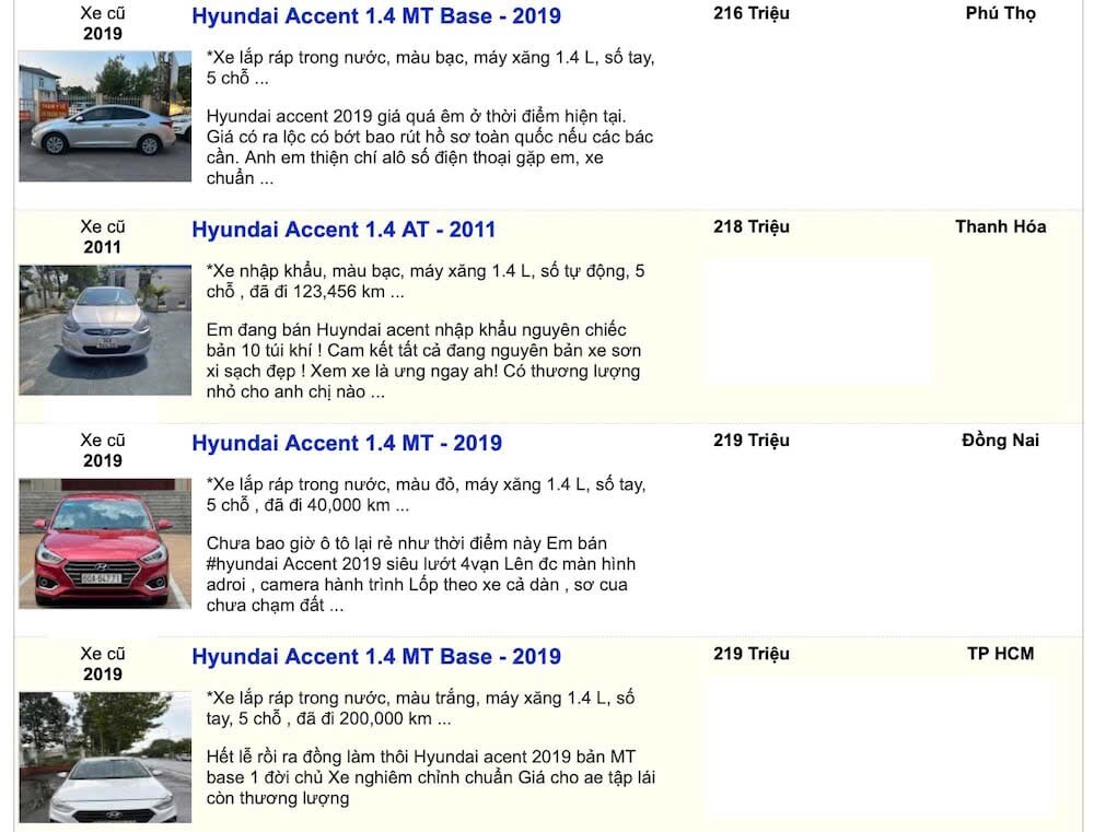 Một số tin rao bán Hyundai Accent cũ.