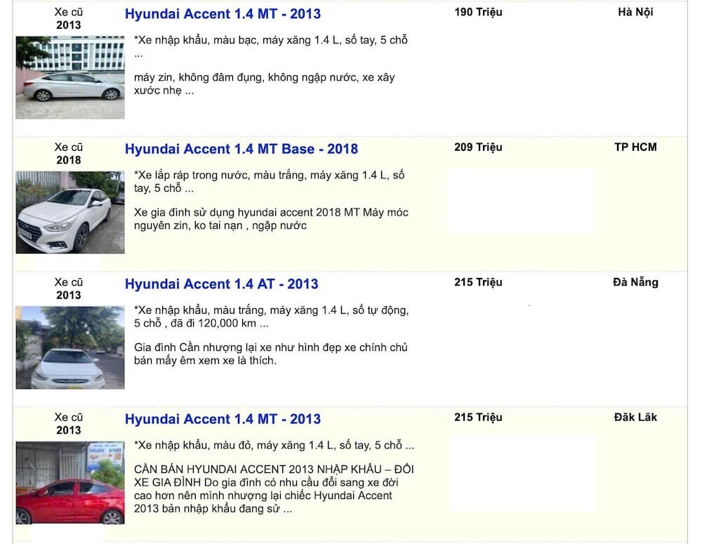 Một số tin rao bán Hyundai Accent cũ.