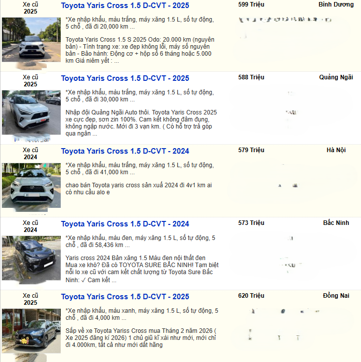 Một số tin rao bán Toyota Yaris Cross cũ.